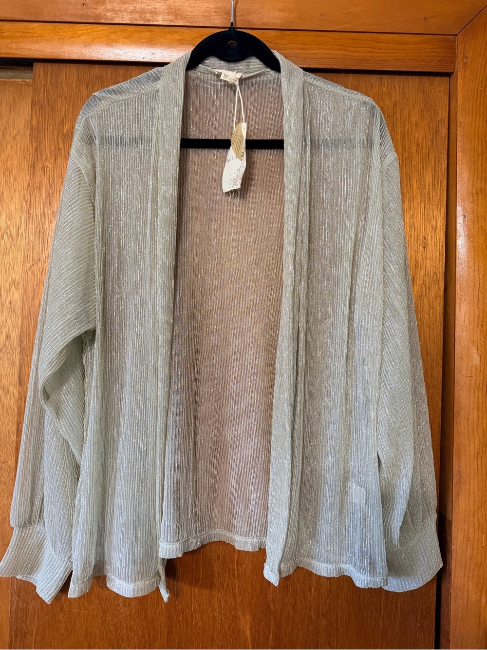 Hem & Thread Light Sage Metallic Open-Front Cardigan